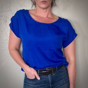 Express Cobalt Blue Short Sleeve Blouse with Shoulder Crisscross Cutouts